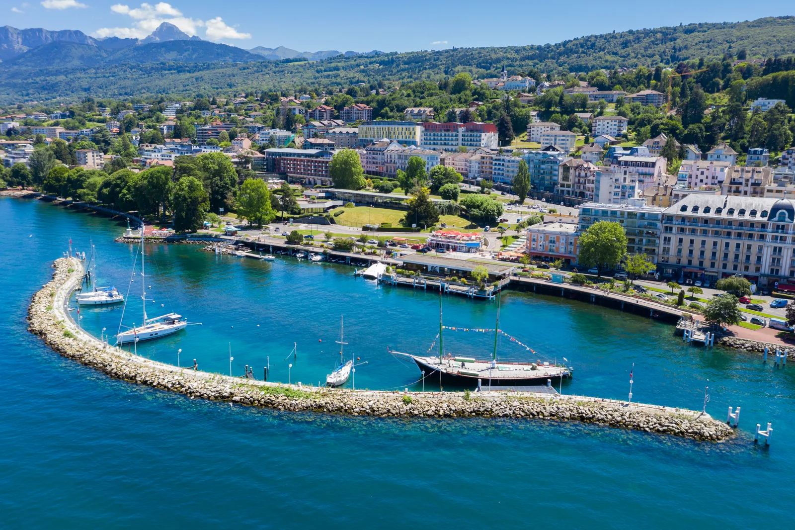 Aerial view of Evian (Evian-Les-Bains) city in Haute-Savoie in France